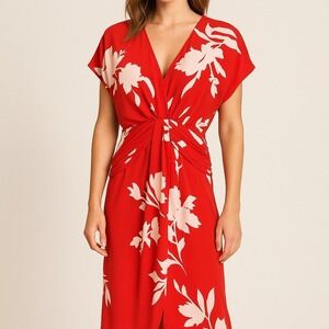 Joie Silk Floral Print Red Dress Size 6‎ V-Neck Short Sleeve Vintage 90s Chiffon